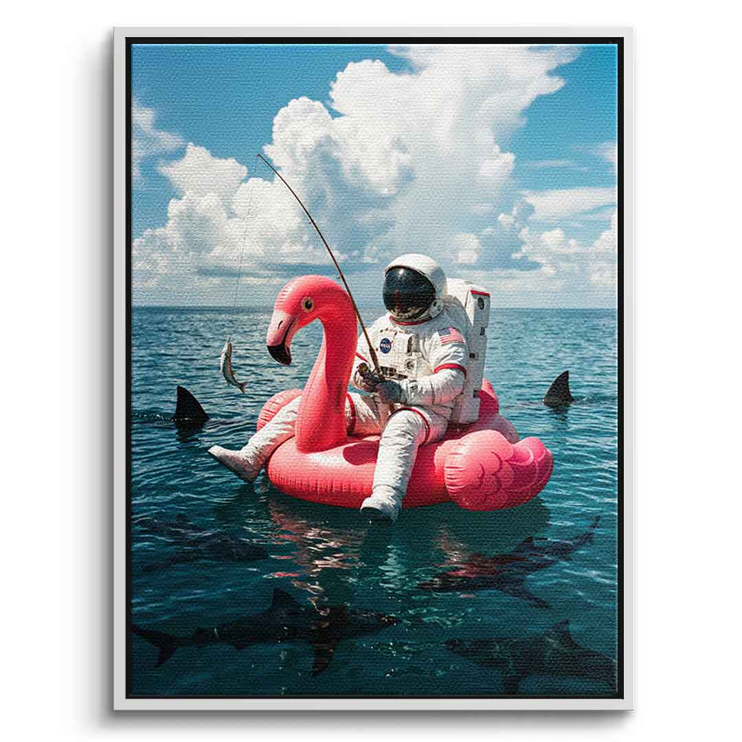Canvas Front Weiß-Rahmen — Fearless Astronaut on a Flamingo