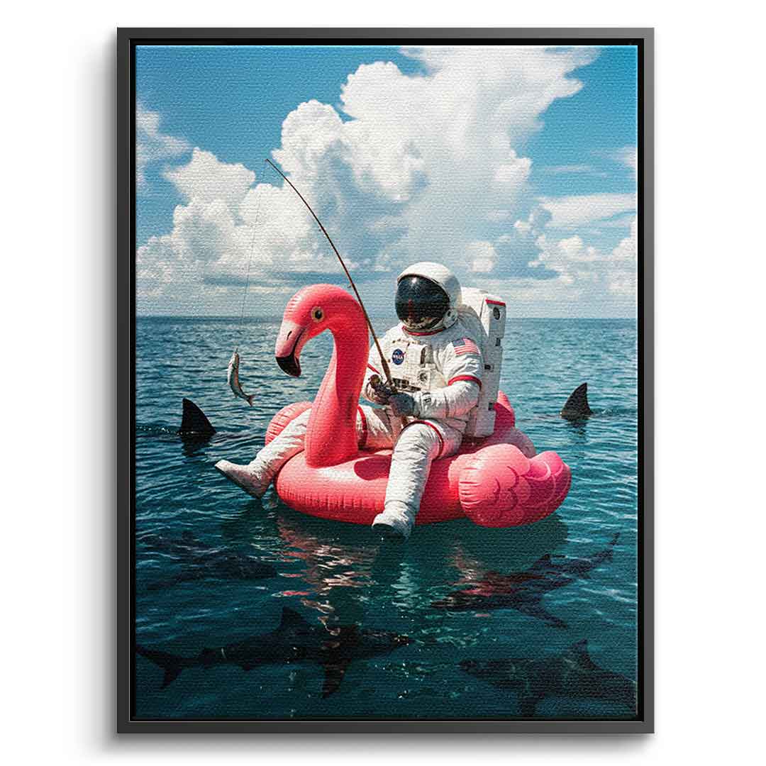 Canvas Front Schwarz-Rahmen — Fearless Astronaut on a Flamingo