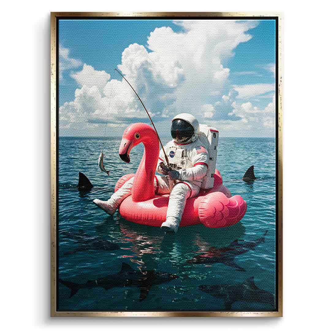 Canvas Front Gold-Rahmen — Fearless Astronaut on a Flamingo