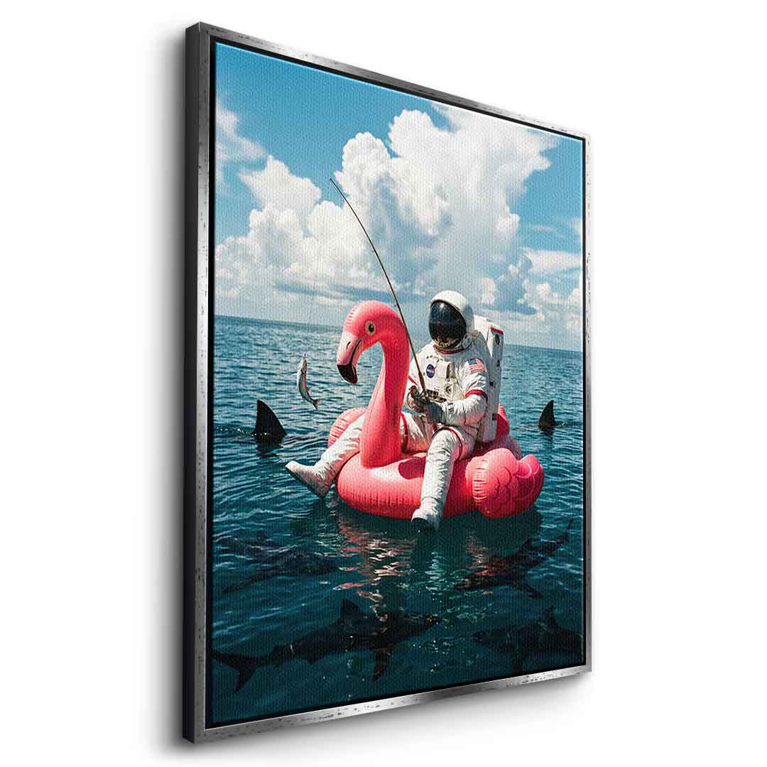 Canvas Seitenansicht Weiß-Rahmen — Fearless Astronaut on a Flamingo