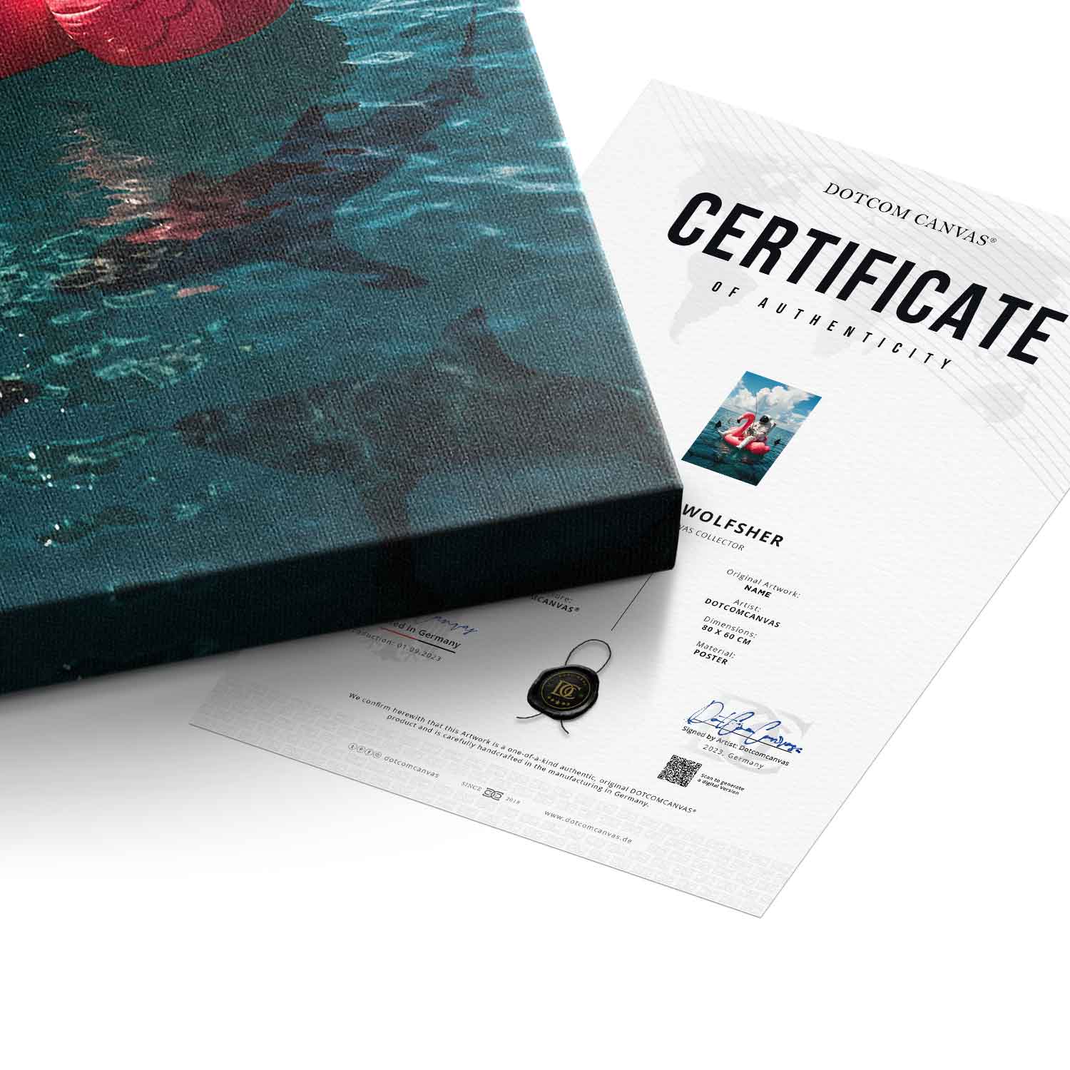 Canvas Echtheitszertifikat — Fearless Astronaut on a Flamingo
