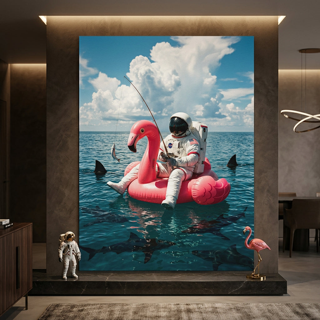 Poster Raum-Mockup — Fearless Astronaut on a Flamingo