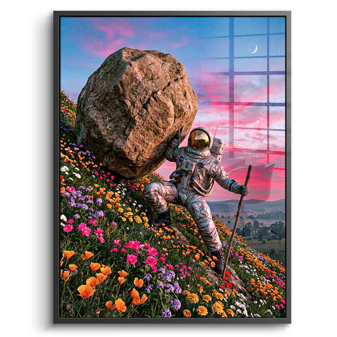 DOTCOMCANVAS® Astronaut's Heavy Burden Acrylglasbild – Vorderansicht schwarzer Rahmen