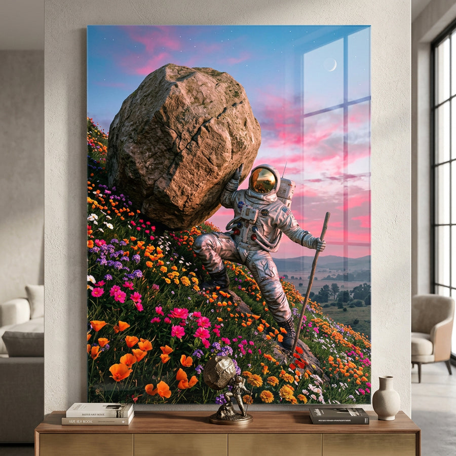 DOTCOMCANVAS® Astronaut's Heavy Burden Acrylglasbild – Raum-Mockup