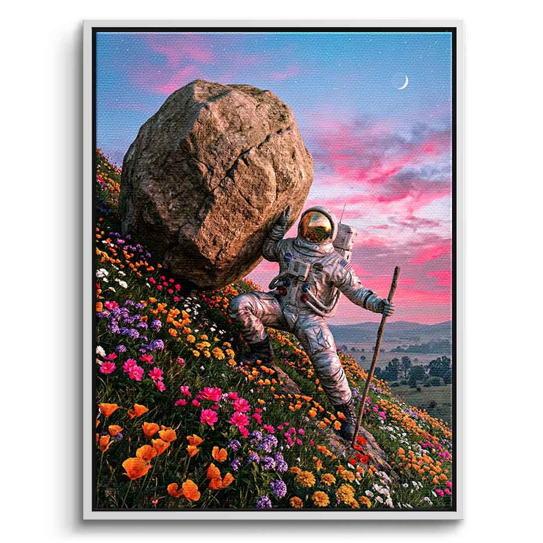 DOTCOMCANVAS® Astronaut's Heavy Burden Leinwandbild – Vorderansicht weißer Rahmen