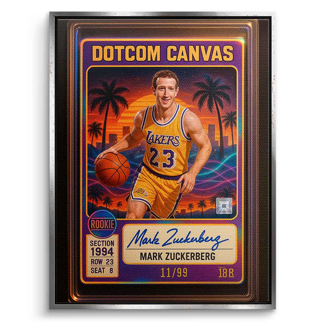 DOTCOMCANVAS Mark Zuckerberg Basketball Card Leinwandbild Frontansicht Silber Rahmen