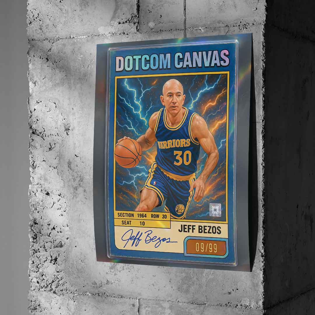 DOTCOMCANVAS® Jeff Bezos Basketball Card Poster an Betonwand
