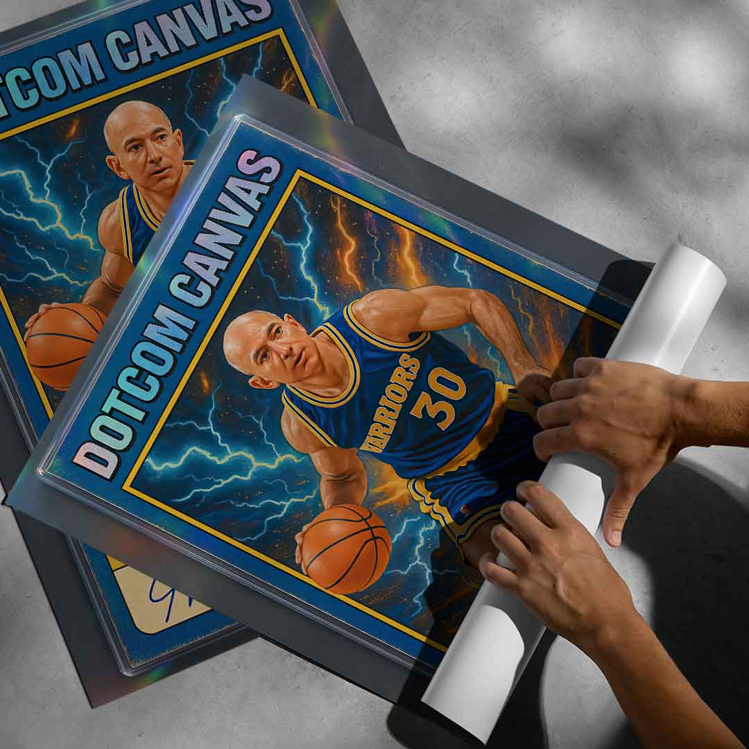 DOTCOMCANVAS® Jeff Bezos Basketball Card Poster aufgerollt