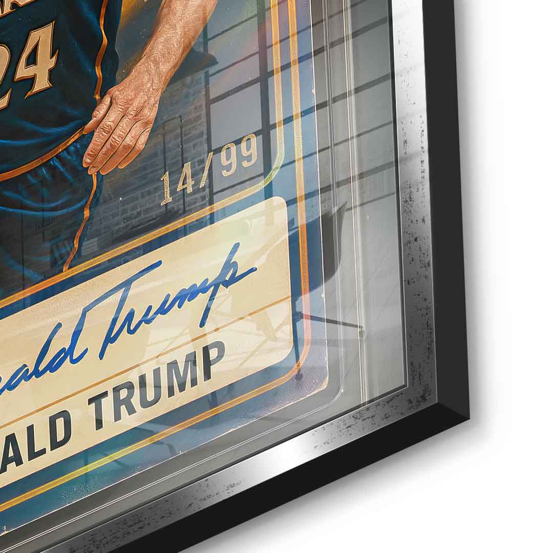 DOTCOMCANVAS Donald Trump Basketball Card Acrylglasbild - Detail Silberner Rahmen