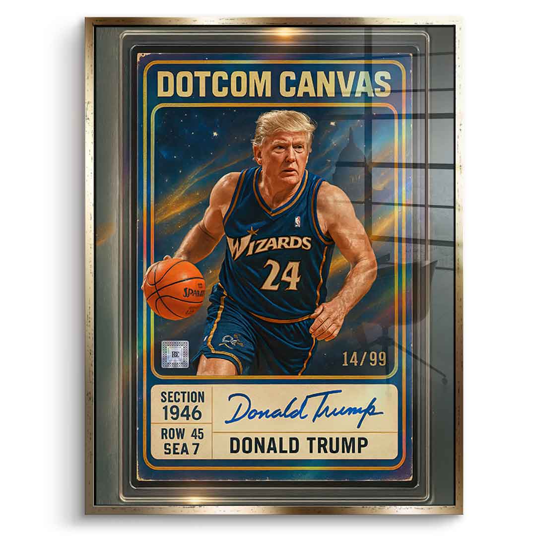 DOTCOMCANVAS Donald Trump Basketball Card Acrylglasbild - Goldener Rahmen Front