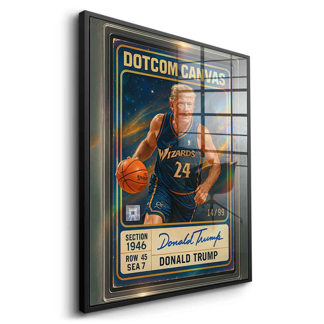 DOTCOMCANVAS Donald Trump Basketball Card Acrylglasbild - Schwarzer Rahmen Seitenansicht