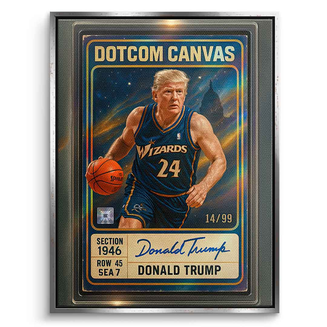 DOTCOMCANVAS Donald Trump Basketball Card Leinwandbild - Silberner Rahmen Front