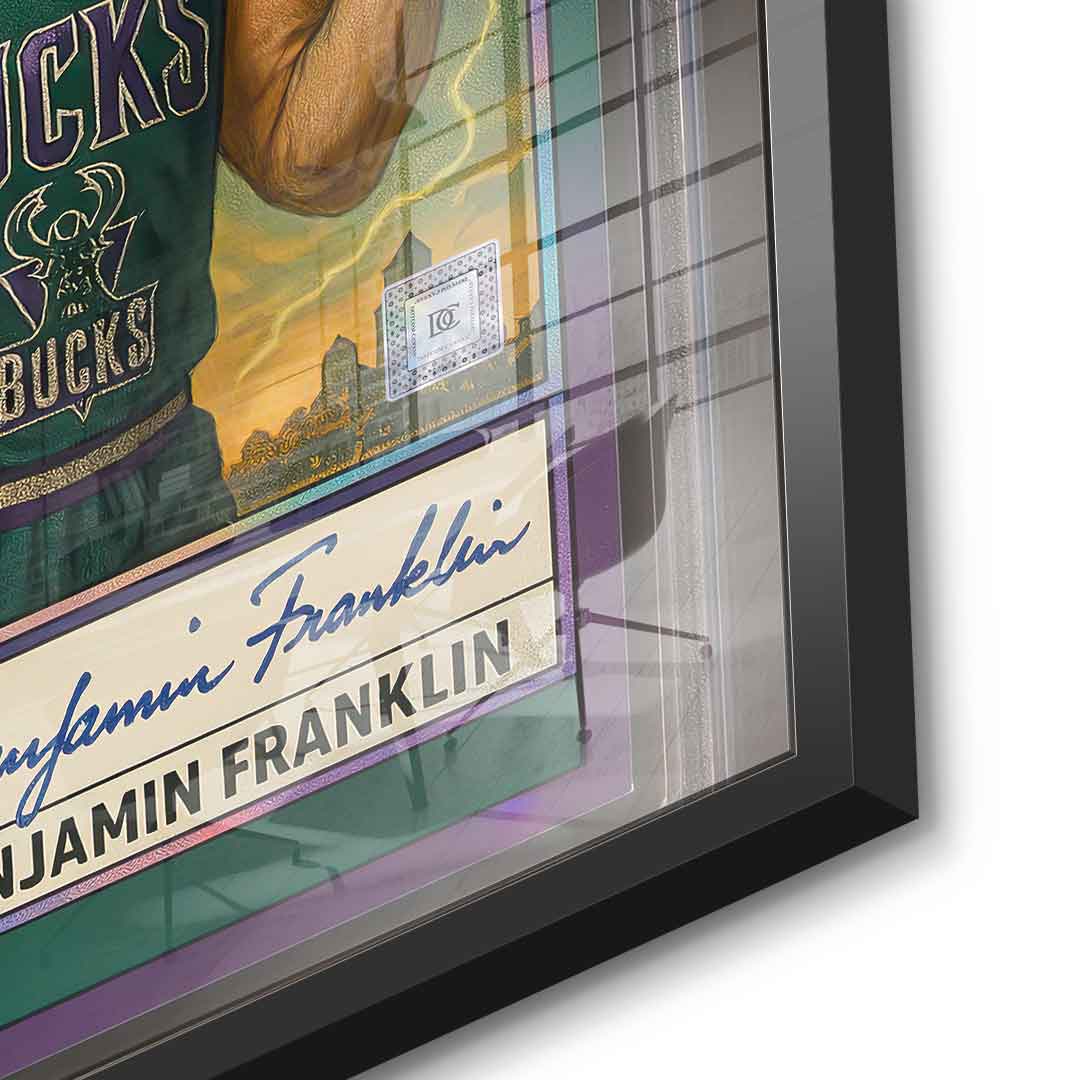 DOTCOMCANVAS® Benjamin Franklin Basketball Card Acrylglasbild Detailansicht schwarzer Rahmen