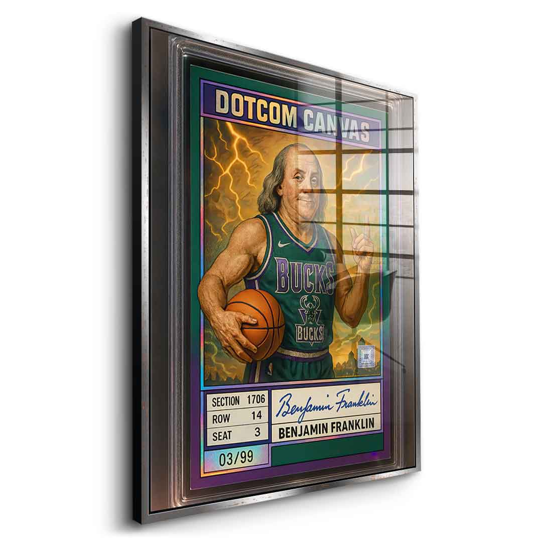 DOTCOMCANVAS® Benjamin Franklin Basketball Card Acrylglasbild mit goldenem Rahmen Seitenansicht