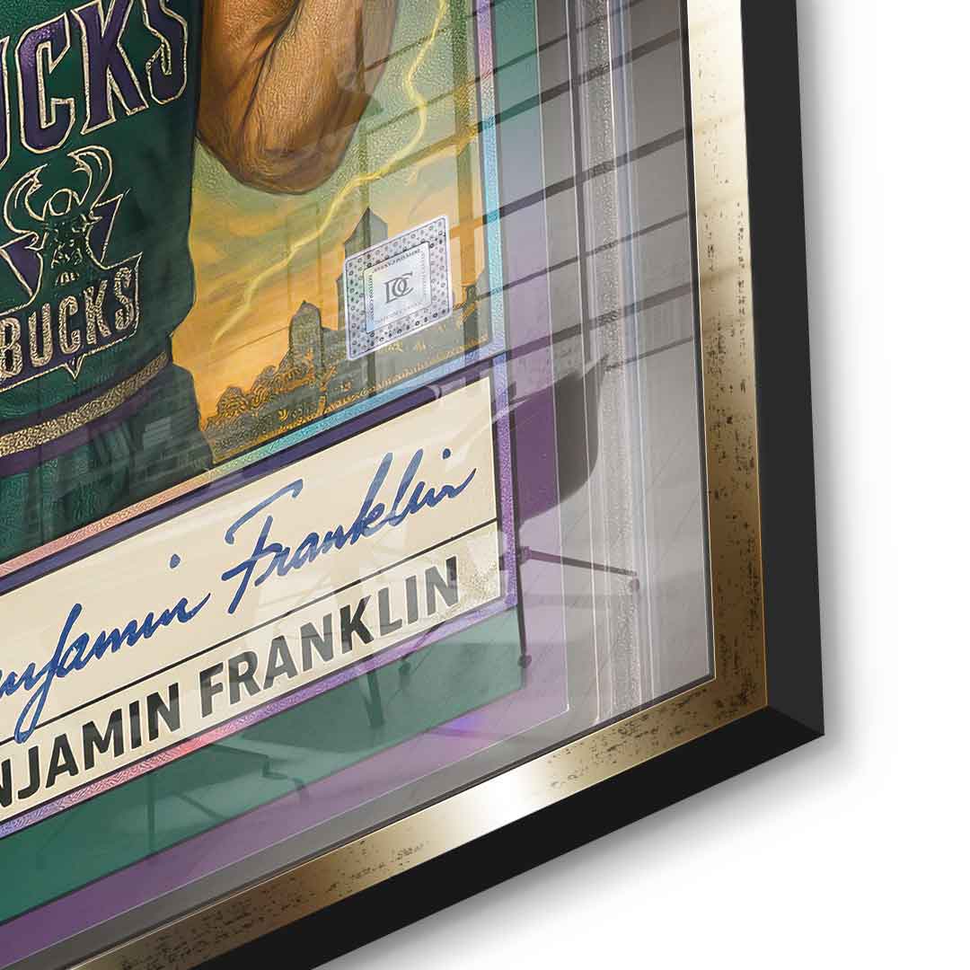 DOTCOMCANVAS® Benjamin Franklin Basketball Card Acrylglasbild Detailansicht goldener Rahmen