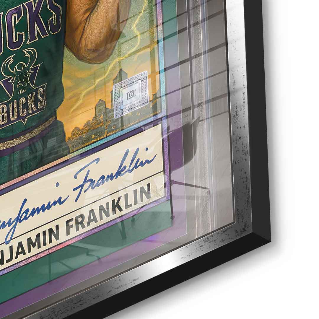 DOTCOMCANVAS® Benjamin Franklin Basketball Card Acrylglasbild Detailansicht silberner Rahmen