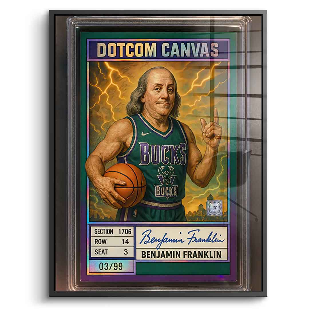DOTCOMCANVAS® Benjamin Franklin Basketball Card Acrylglasbild mit schwarzem Rahmen Frontansicht
