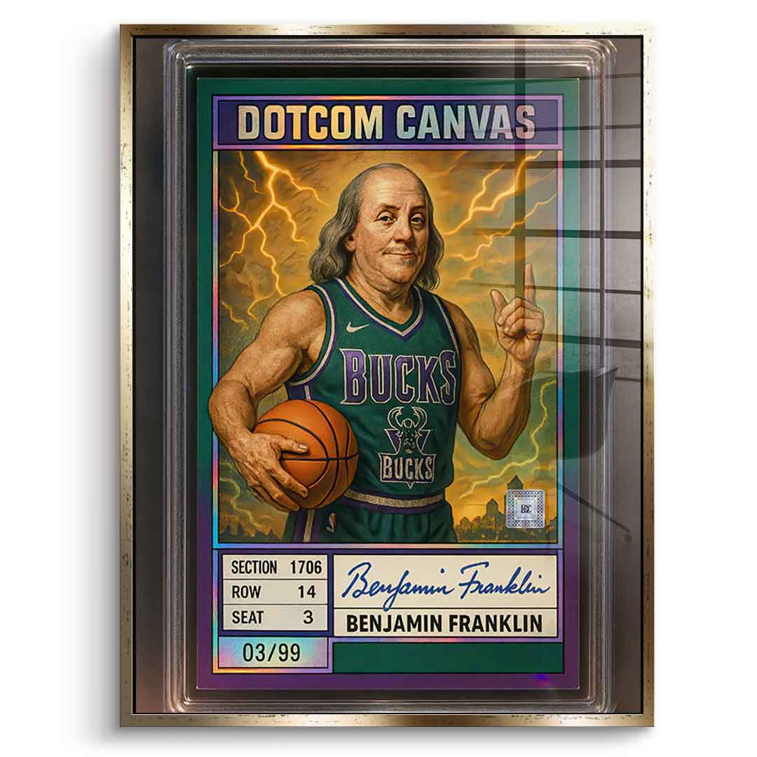 DOTCOMCANVAS® Benjamin Franklin Basketball Card Acrylglasbild mit goldenem Rahmen Frontansicht