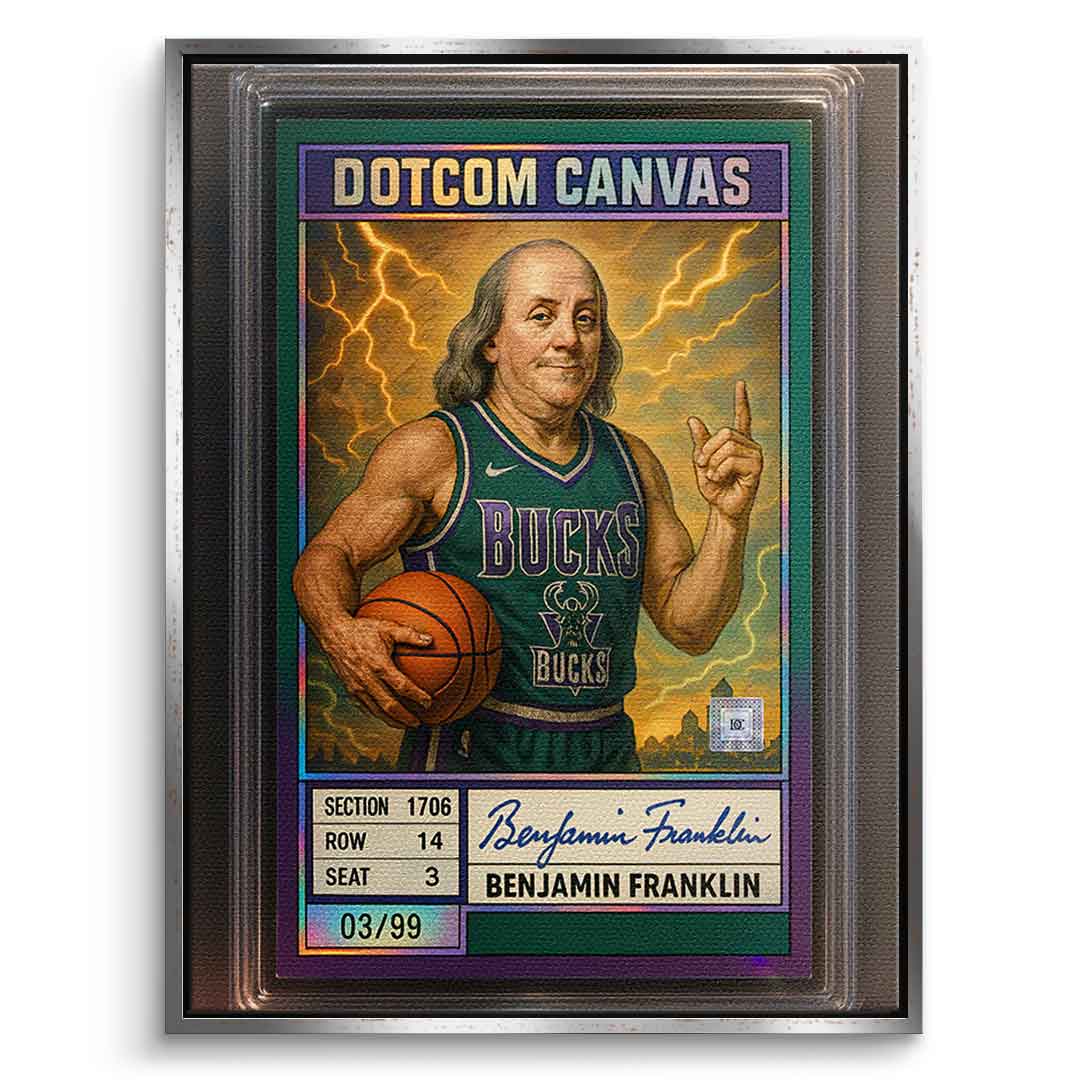 DOTCOMCANVAS® Benjamin Franklin Basketball Card Leinwandbild mit silbernem Rahmen Frontansicht