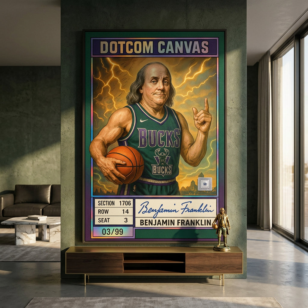 DOTCOMCANVAS® Benjamin Franklin Basketball Card Leinwandbild im Raum – Pop-Art Wandbild Wohnzimmer Galerie
