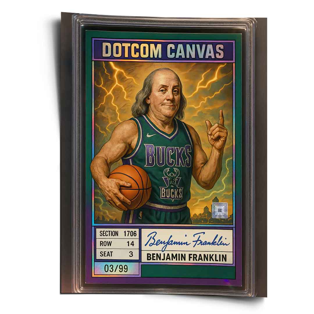 DOTCOMCANVAS® Benjamin Franklin Basketball Card Poster Frontansicht – Pop-Art Milwaukee-Bucks-Rookie-Sammelkarte