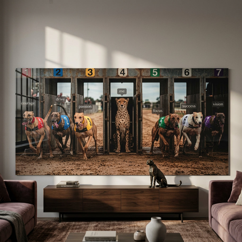 Acrylglasbild Me vs. MyGoals Raum Mockup – Wohnzimmer Wandbild Motivation