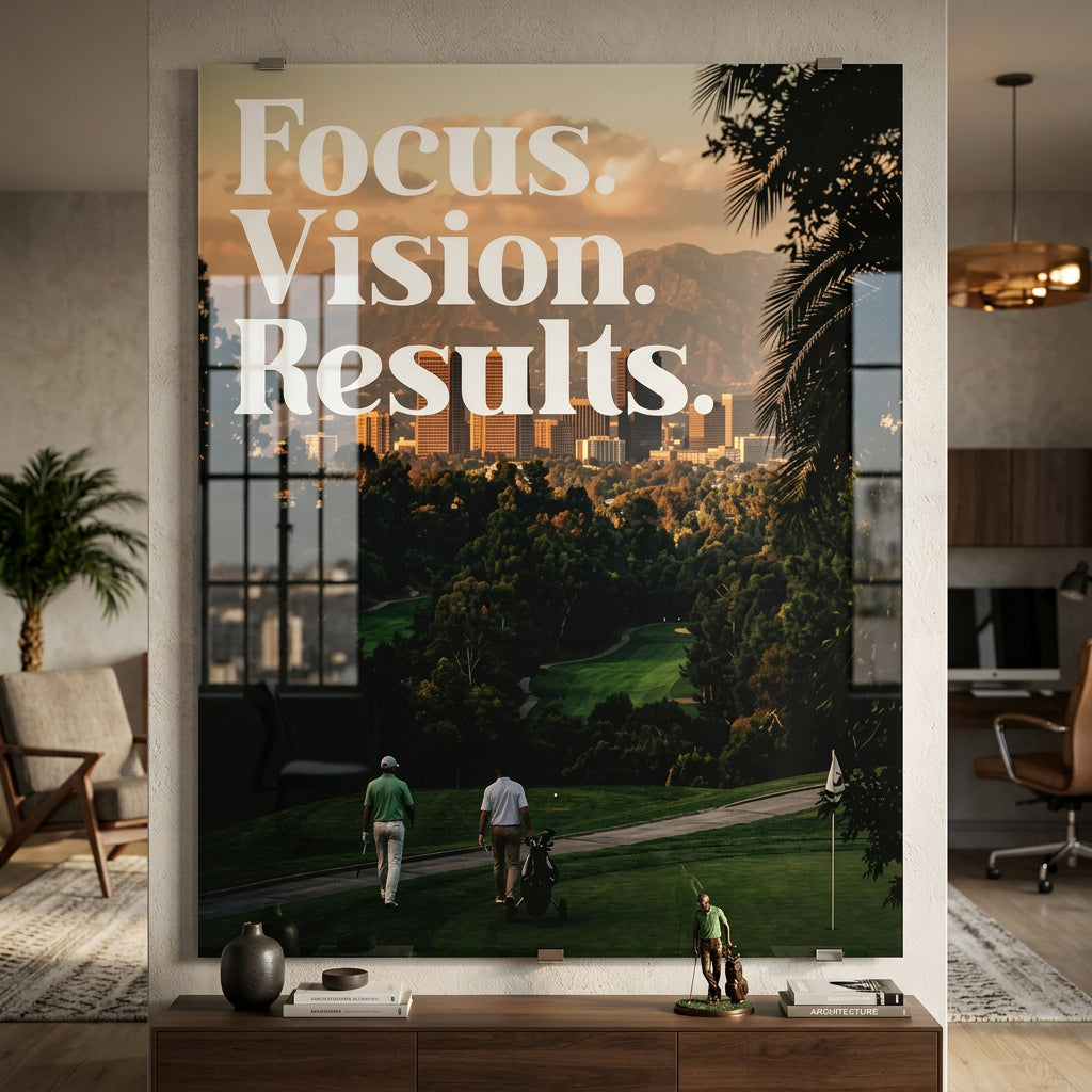 Focus. Vision. Results. Acrylglasbild im Raum