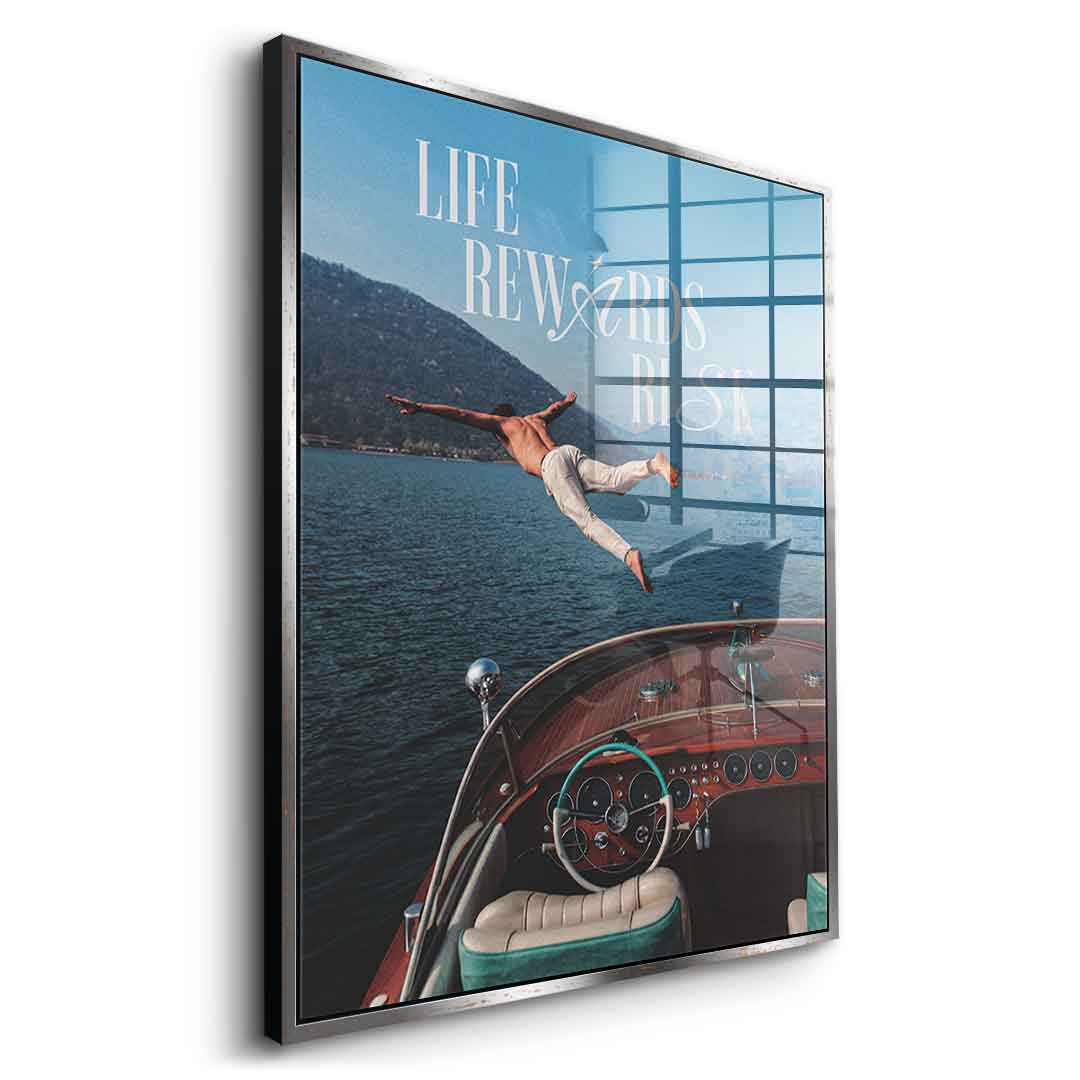 DOTCOMCANVAS Life Rewards Risk Acrylglasbild Seitenansicht goldener Rahmen