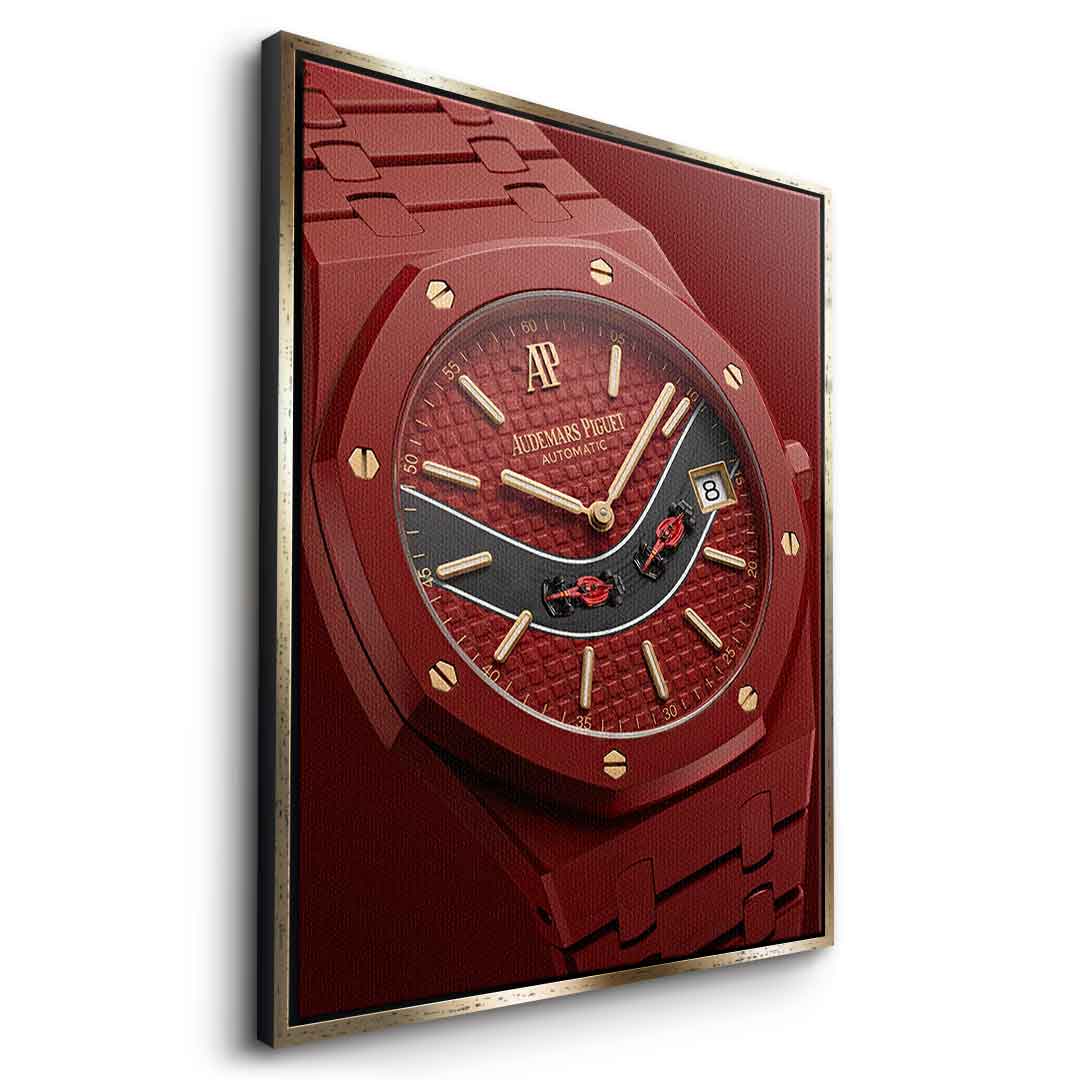 Luxury Timepiece Formula 1 Leinwandbild Seitenansicht Goldener Rahmen