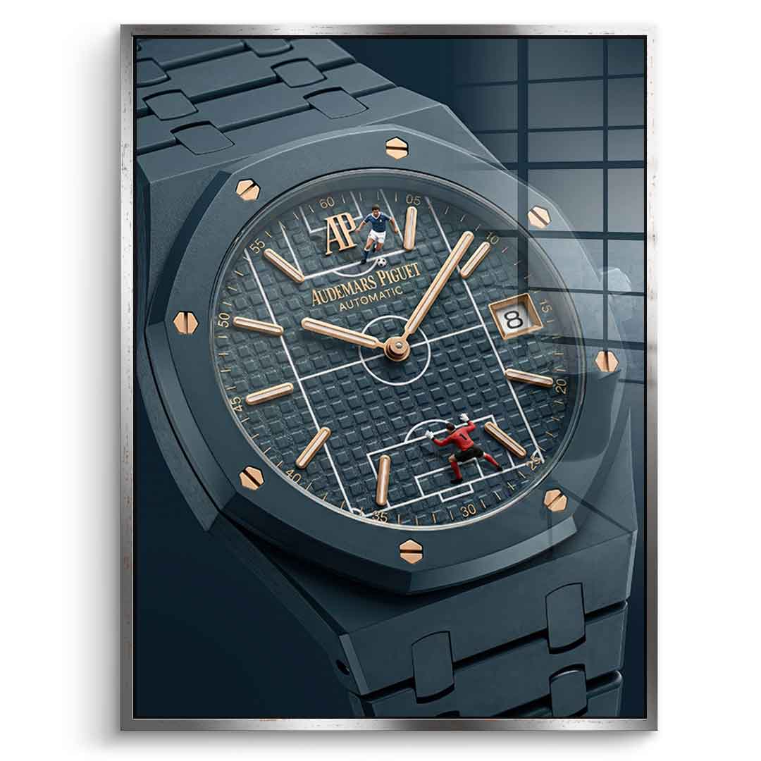 Luxury Timepiece – Football Acrylglasbild Schwarz Rahmen