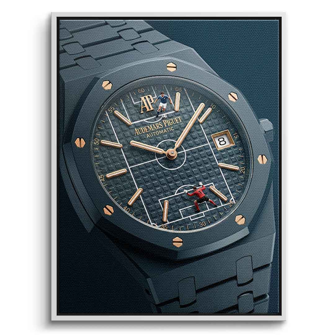 Luxury Timepiece – Football Leinwandbild Weiß Rahmen