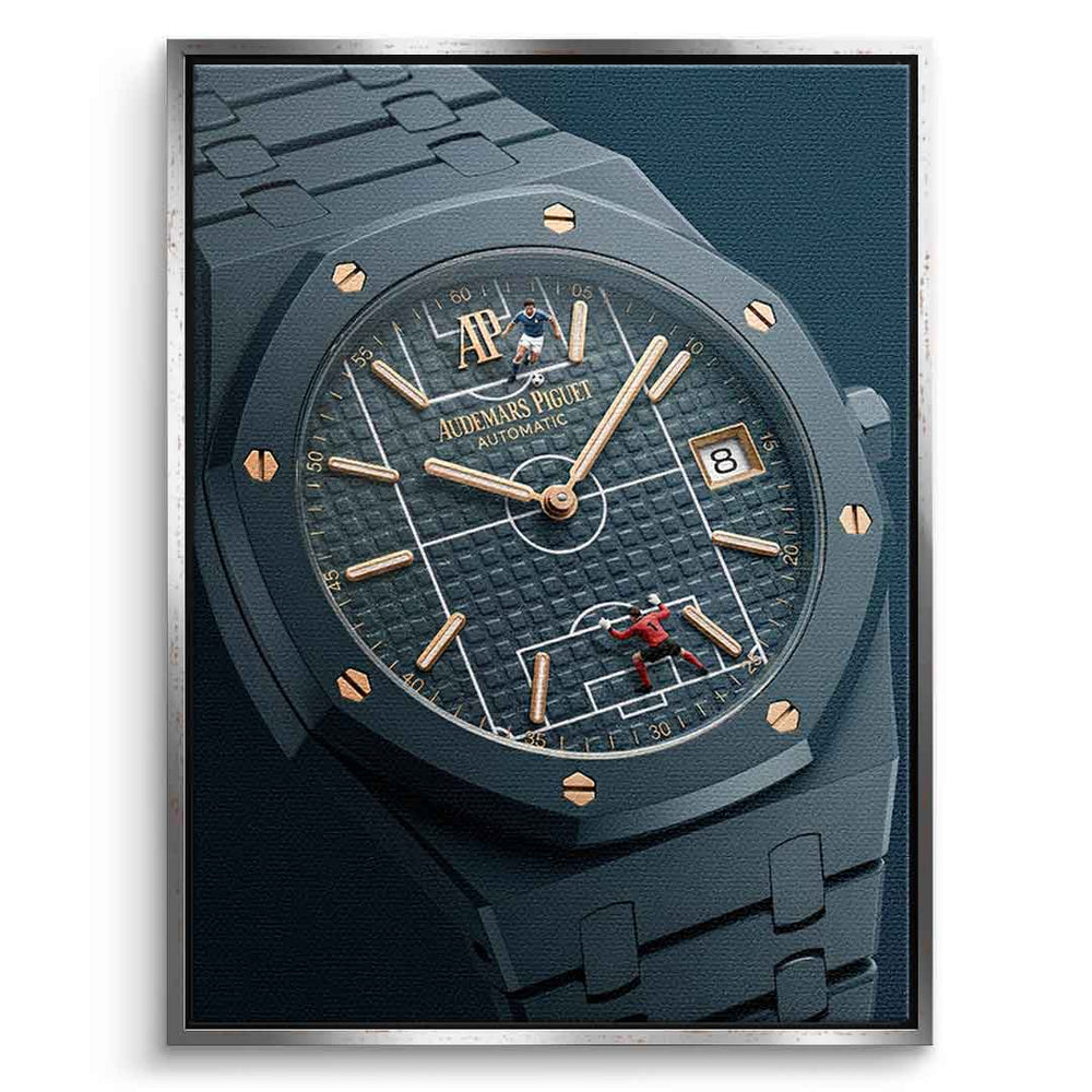 Luxury Timepiece – Football Leinwandbild Schwarz Rahmen