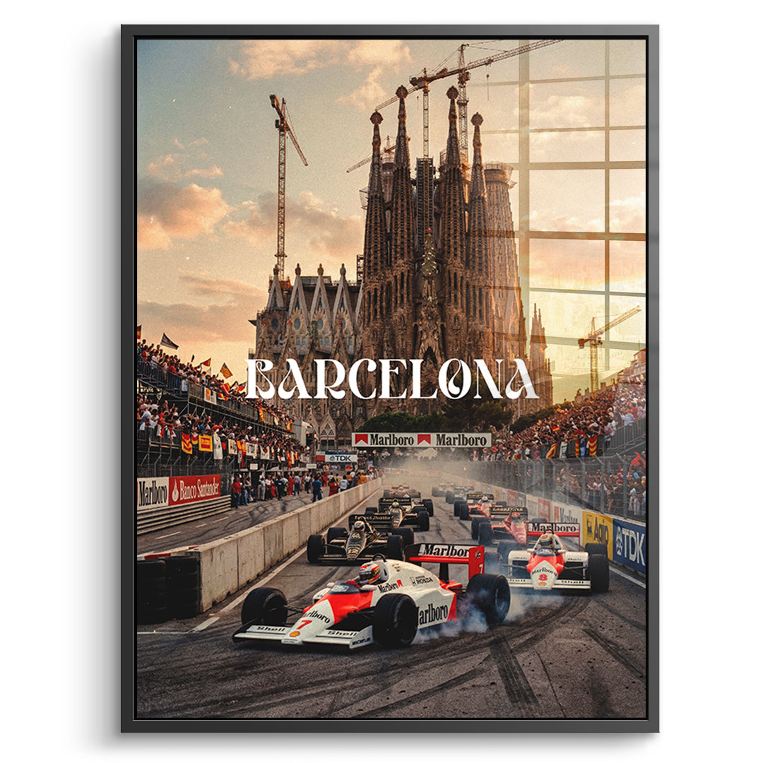 DOTCOMCANVAS Barcelona F1 Acrylglasbild Vorderansicht mit schwarzem Rahmen