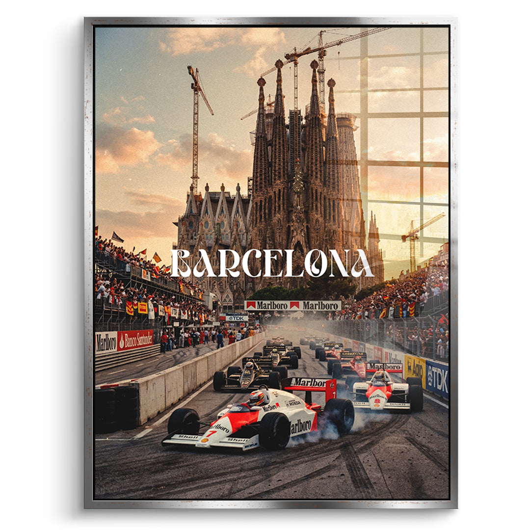 DOTCOMCANVAS Barcelona F1 Acrylglasbild Vorderansicht mit Silberrahmen