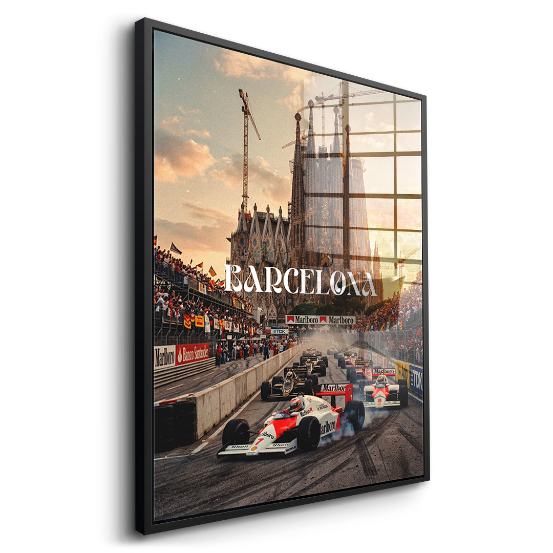 DOTCOMCANVAS Barcelona F1 Acrylglasbild Seitenansicht mit schwarzem Rahmen