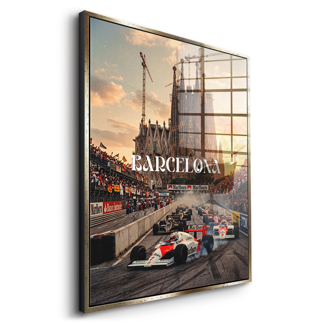 DOTCOMCANVAS Barcelona F1 Acrylglasbild Seitenansicht mit Goldrahmen