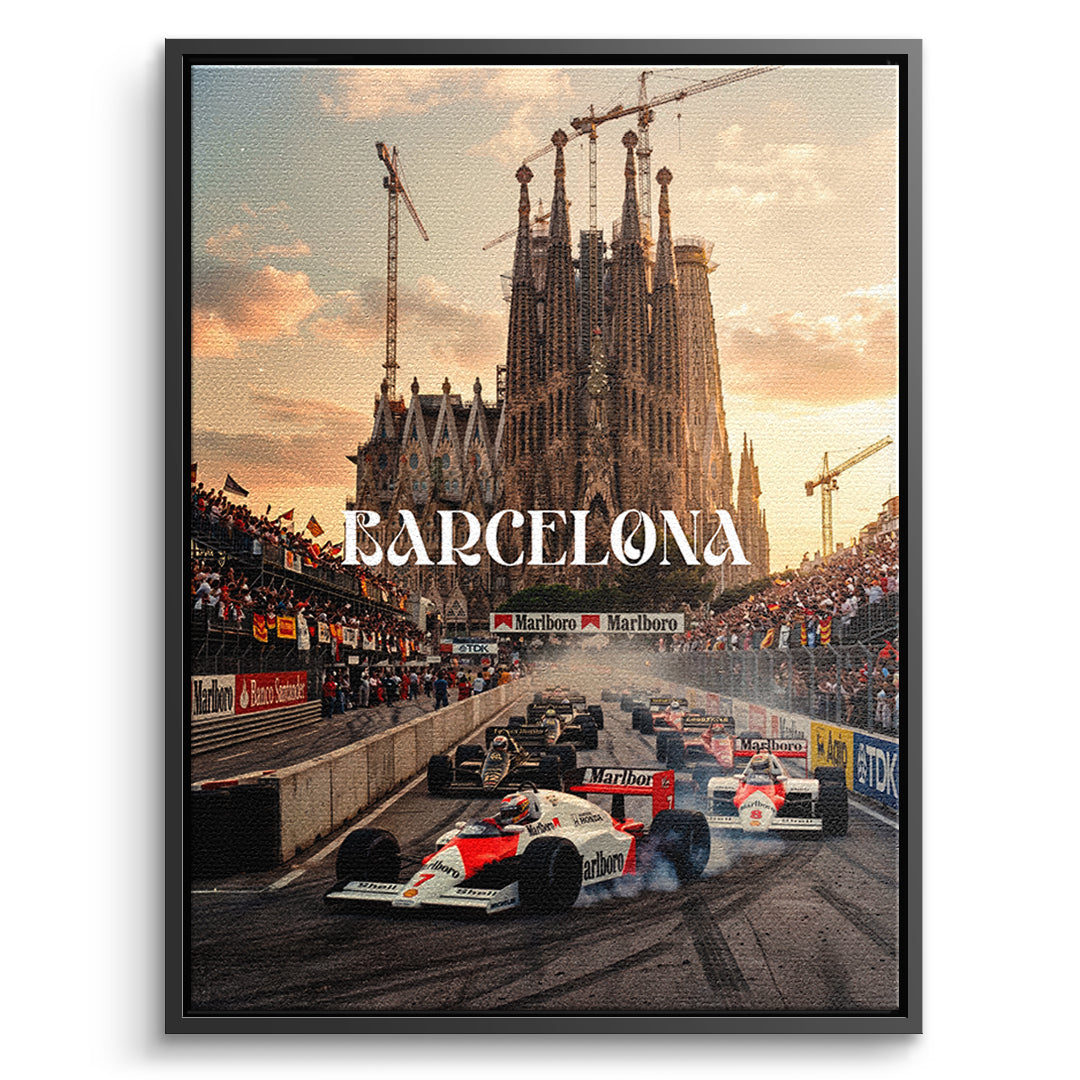DOTCOMCANVAS Barcelona F1 Leinwandbild Vorderansicht mit schwarzem Rahmen