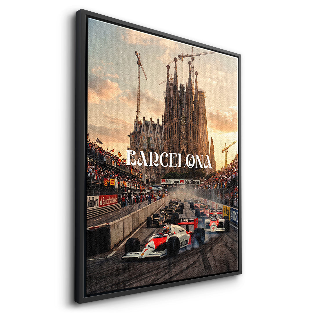 DOTCOMCANVAS Barcelona F1 Leinwandbild Seitenansicht mit schwarzem Rahmen
