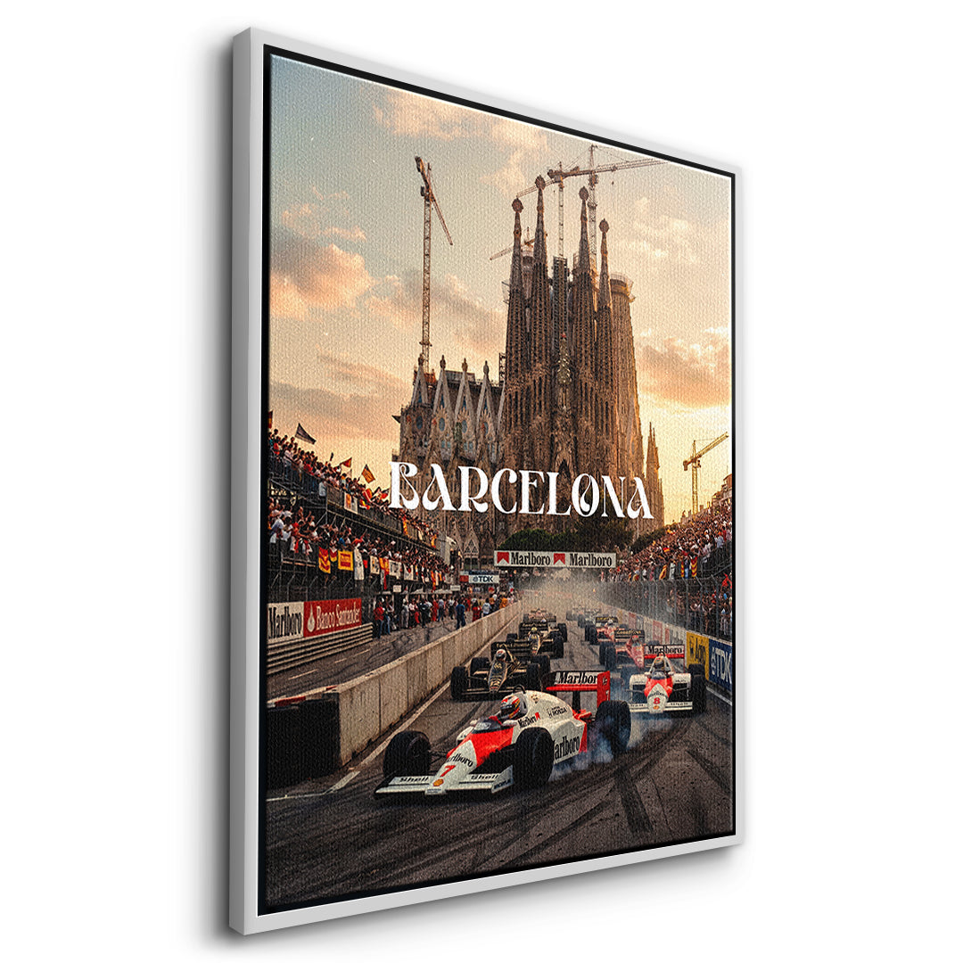 DOTCOMCANVAS Barcelona F1 Leinwandbild Seitenansicht mit weißem Rahmen