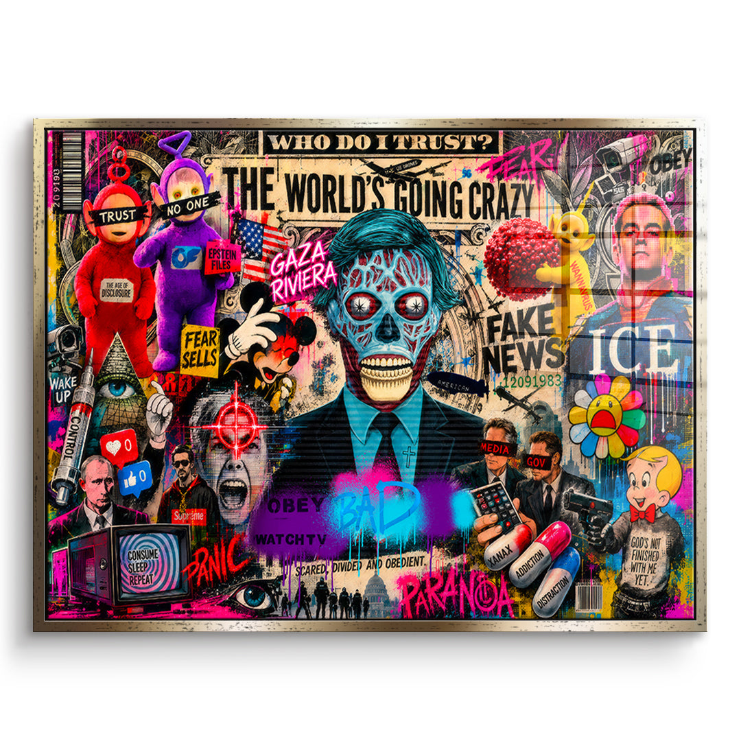 DOTCOMCANVAS THE WORLD IS GOING CRAZY Acrylglasbild Vorderansicht goldener Rahmen