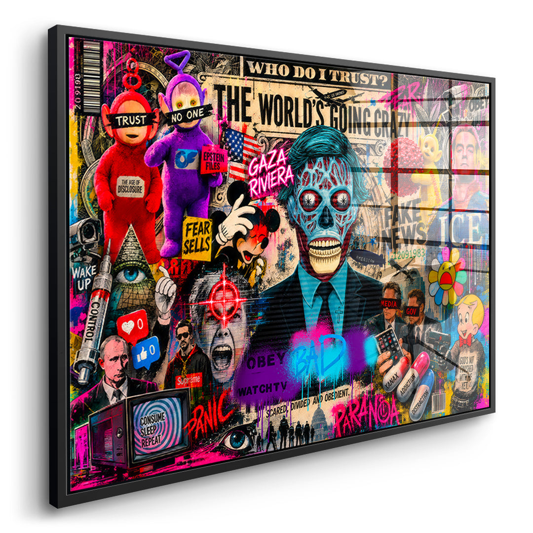 DOTCOMCANVAS THE WORLD IS GOING CRAZY Acrylglasbild Seitenansicht schwarzer Rahmen