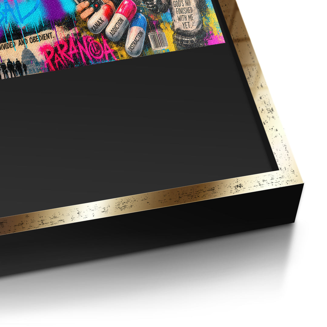 DOTCOMCANVAS THE WORLD IS GOING CRAZY Leinwandbild Detailansicht goldener Rahmen
