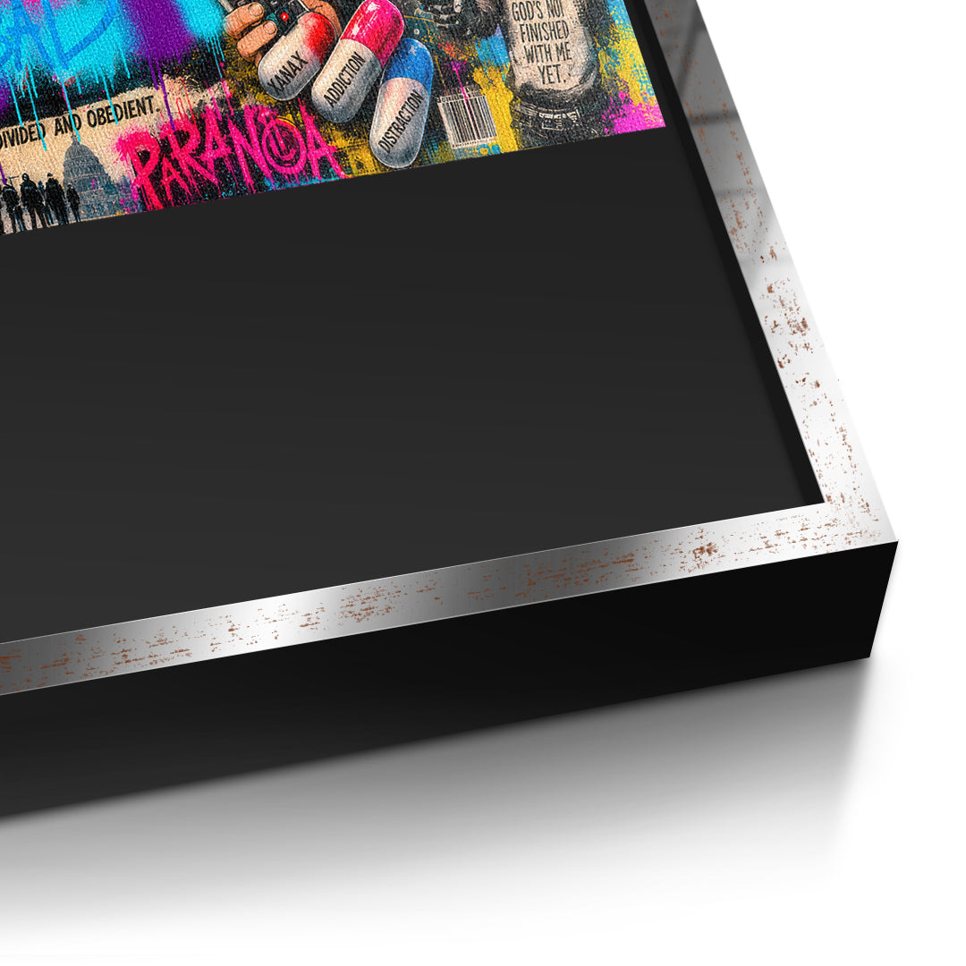 DOTCOMCANVAS THE WORLD IS GOING CRAZY Leinwandbild Detailansicht silberner Rahmen
