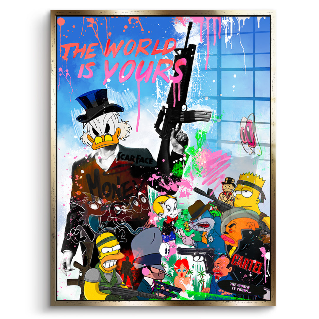 DOTCOMCANVAS Cartoon Cartel Acrylglasbild Vorderansicht mit goldenem Rahmen