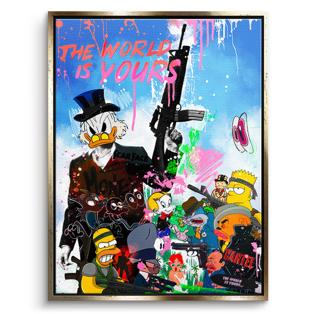 DOTCOMCANVAS Cartoon Cartel Leinwandbild Vorderansicht mit goldenem Rahmen