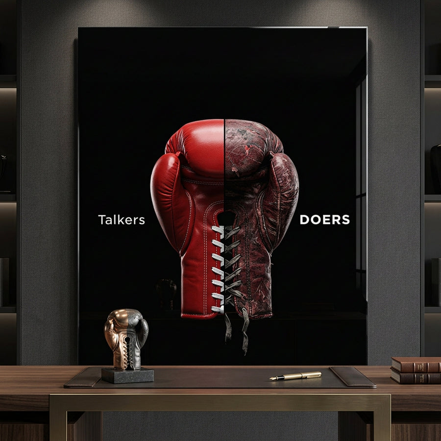 Acrylglasbild Talkers Vs Doers Boxing an der Wand eines modernen Wohnraums