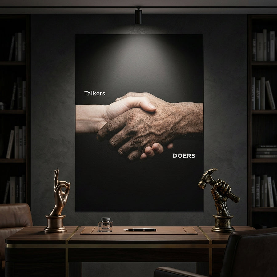 Poster Talkers Vs Doers Handshake an der Wand eines modernen Wohnraums