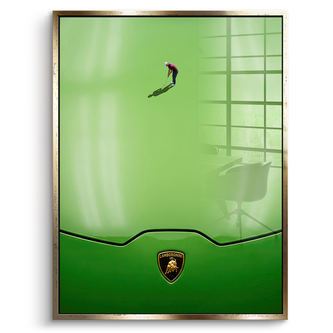 Golf on the Hood Acrylglasbild mit goldenem Rahmen – DOTCOMCANVAS®