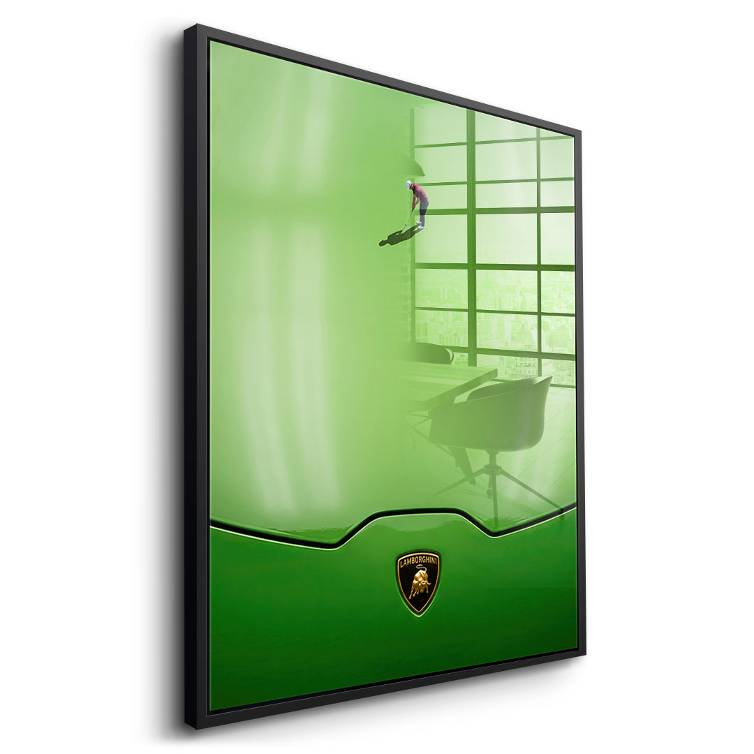 Seitenansicht – Golf on the Hood Acrylglasbild mit schwarzem Rahmen