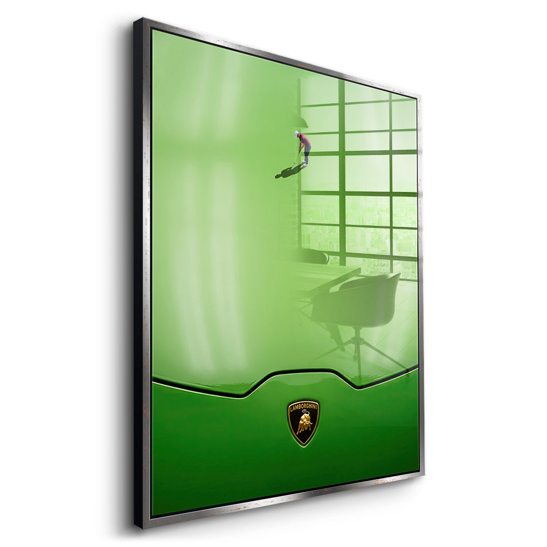 Seitenansicht – Golf on the Hood Acrylglasbild mit silbernem Rahmen
